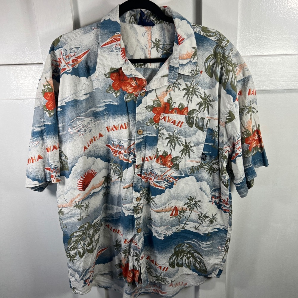 Island Soul Mens XL Aloha Hawaii Biplane Tropical Print Cotton Button Down Shirt